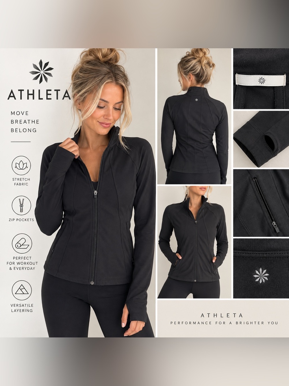 Athleta Black Full Zip Fitted Athletic Jacket Womens Stretch Yoga Running